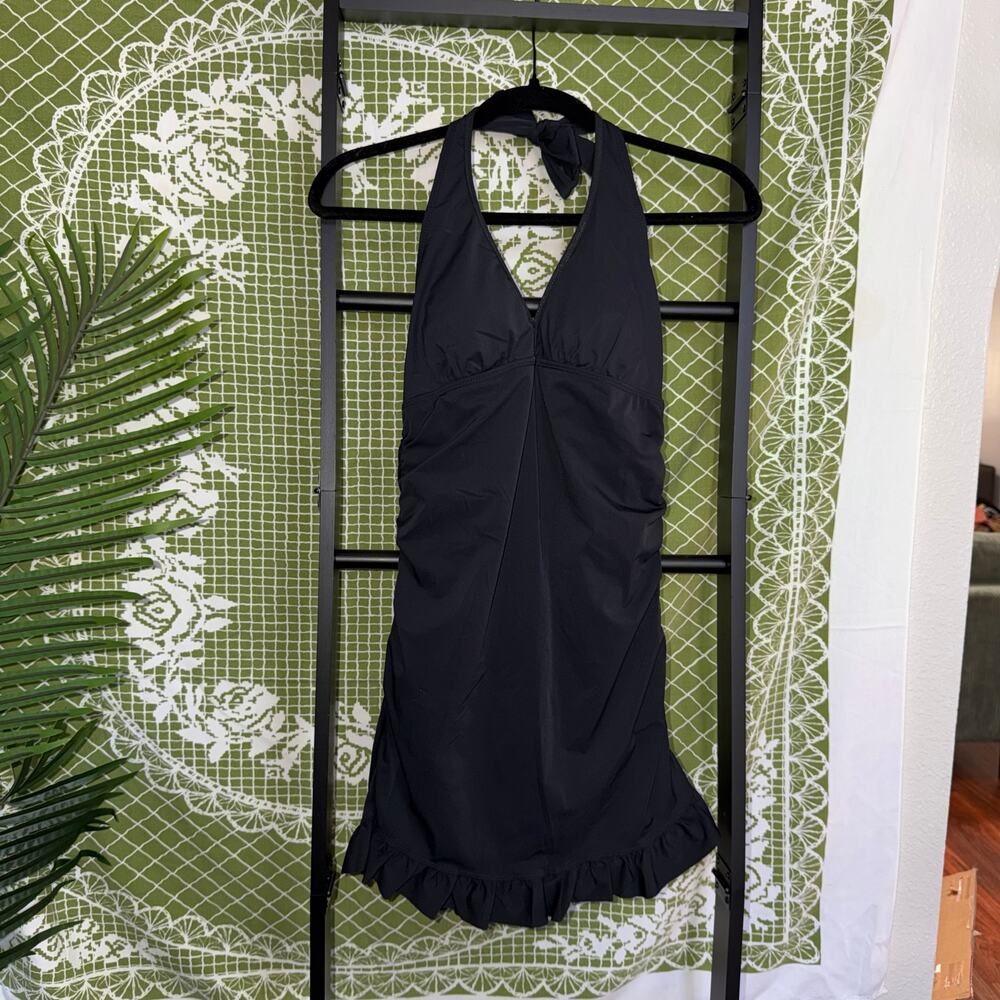 Assets by Spanx Black Ruffle Halter Swim Dress One Piece Swimsuit Size M